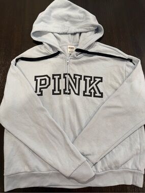 PINK Victoria's Secret Light Blue Hoodie with Black Lettering